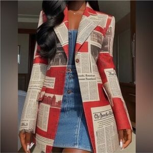 Red Newspaper Print Women's Blazer